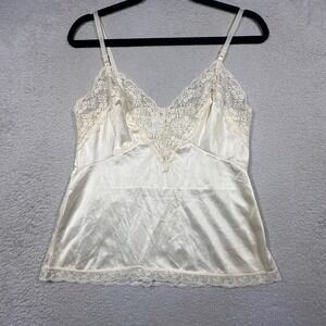 Vintage Lace Trim Camisole Women Medium Ivory Satin Lingerie Tank Top USA Made